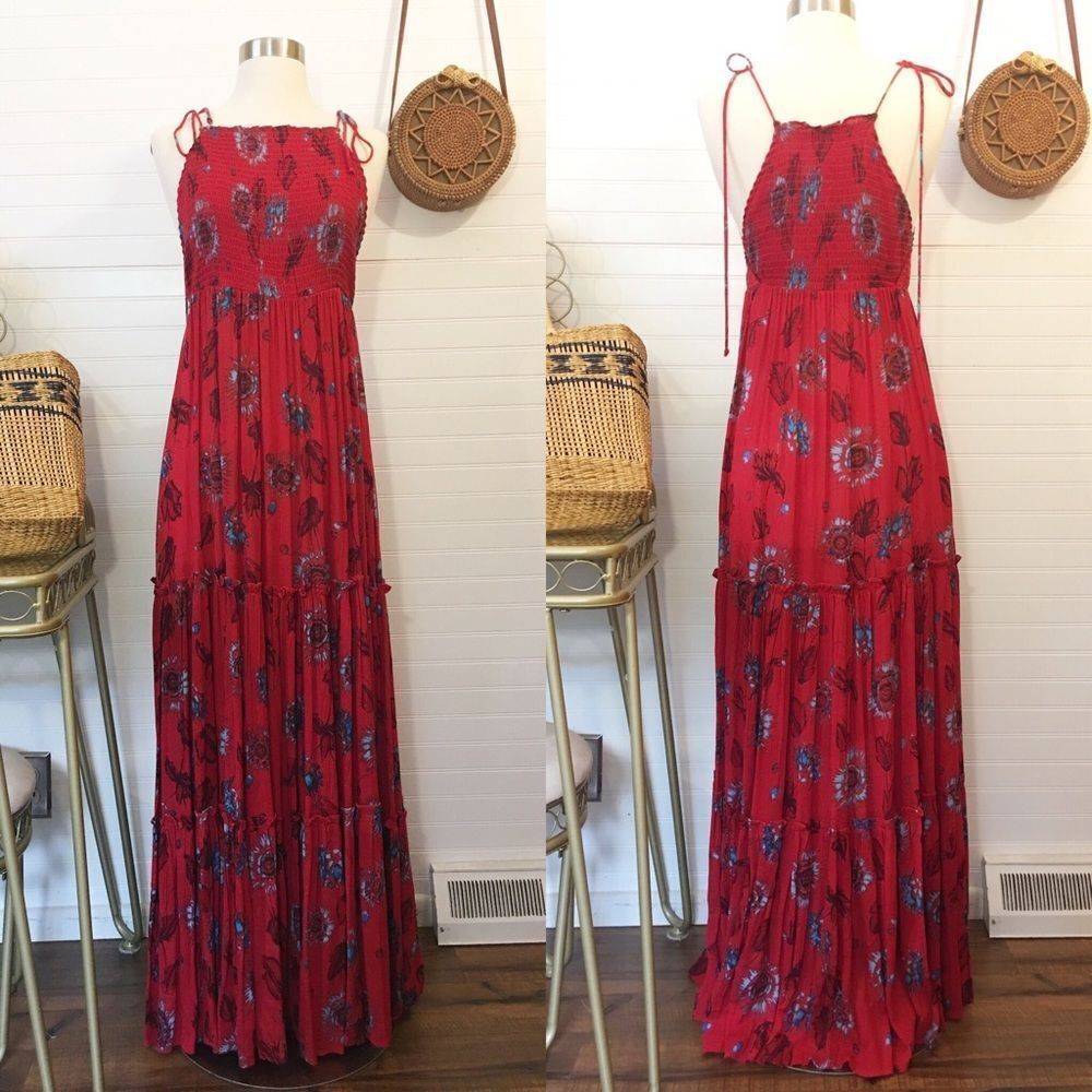 Free People Garden Party Boho Red Floral Maxi Dress
